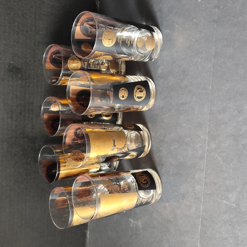 Lot of 8 Cera Black 22K Gold Coin Highball Glasses, Vintage, Mid Century…